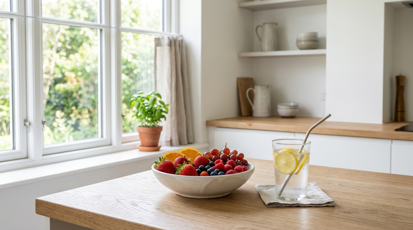 Свежи плодове и вода на маса при утринна светлина