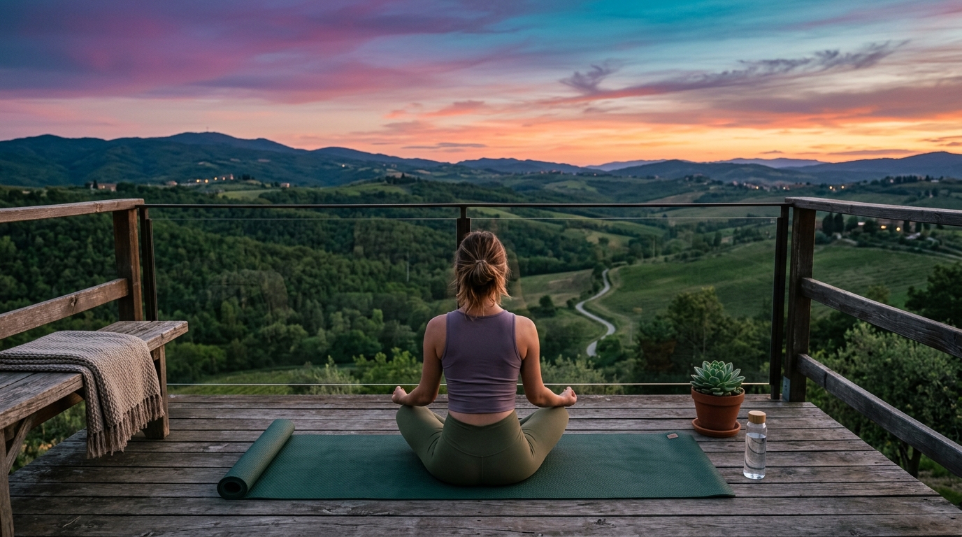 Тераса с йога постелка при залез с лилаво и тюркоазено небе